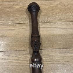 Vintage Hand Carved Hardwood Folk Art Walking Stick Figural Portrait Cane