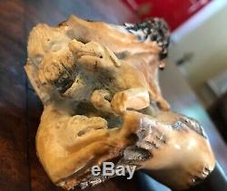 Vintage Hand Carved Horn Antler Hunting Dogs Wild Boar Walking Stick Cane 36