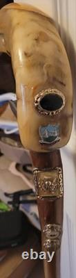 Vintage Hand-Carved Ram's Horn Shepherd's Walking Stick Travel Badges