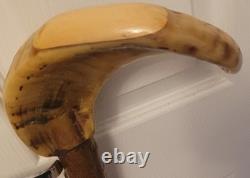 Vintage Hand-Carved Ram's Horn Shepherd's Walking Stick Travel Badges