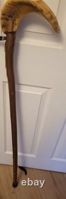Vintage Hand-Carved Ram's Horn Shepherd's Walking Stick Travel Badges