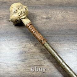 Vintage Hand Carved Root Wood Walking Staff Stick Folk Art Face 137cm