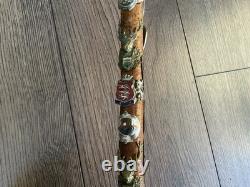 Vintage Hand Carved Walking Stick 40 Travel Badges Overseas & UK Some Silver