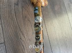 Vintage Hand Carved Walking Stick 40 Travel Badges Overseas & UK Some Silver