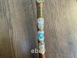 Vintage Hand Carved Walking Stick 40 Travel Badges Overseas & UK Some Silver