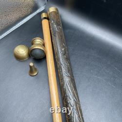 Vintage Hand Carved Wood & Brass Walking Stick / Cane & Hidden Pool Cue