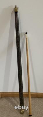 Vintage Hand Carved Wood & Brass Walking Stick / Cane & Hidden Pool Cue