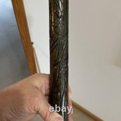 Vintage Hand Carved Wood & Brass Walking Stick / Cane & Hidden Pool Cue