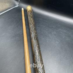 Vintage Hand Carved Wood & Brass Walking Stick / Cane & Hidden Pool Cue