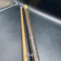 Vintage Hand Carved Wood & Brass Walking Stick / Cane & Hidden Pool Cue