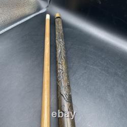Vintage Hand Carved Wood & Brass Walking Stick / Cane & Hidden Pool Cue