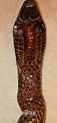 Vintage Hand Carved Wood Cane Walking Stick / King Cobra Solid Full Wood Cane
