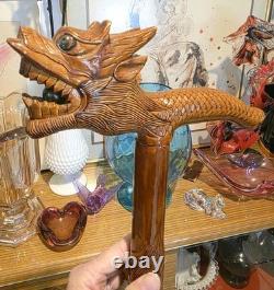 Vintage Hand Carved Wooden Dragon Head Handle Ball Ornate Asian Walking Stick