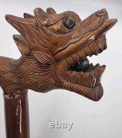 Vintage Hand Carved Wooden Dragon Head Handle Ball Ornate Asian Walking Stick