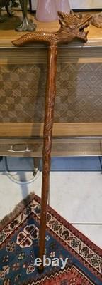 Vintage Hand Carved Wooden Dragon Head Handle Ball Ornate Asian Walking Stick