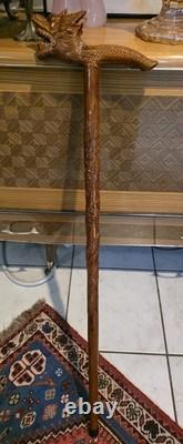 Vintage Hand Carved Wooden Dragon Head Handle Ball Ornate Asian Walking Stick