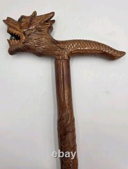 Vintage Hand Carved Wooden Dragon Head Handle Ball Ornate Asian Walking Stick