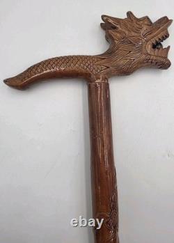 Vintage Hand Carved Wooden Dragon Head Handle Ball Ornate Asian Walking Stick