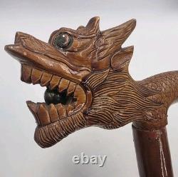 Vintage Hand Carved Wooden Dragon Head Handle Ball Ornate Asian Walking Stick