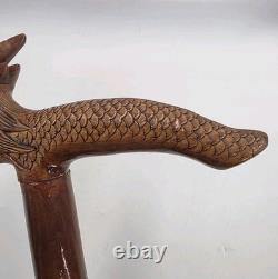 Vintage Hand Carved Wooden Dragon Head Handle Ball Ornate Asian Walking Stick