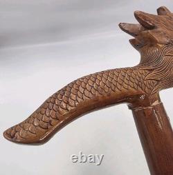 Vintage Hand Carved Wooden Dragon Head Handle Ball Ornate Asian Walking Stick