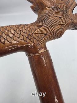 Vintage Hand Carved Wooden Dragon Head Handle Ball Ornate Asian Walking Stick