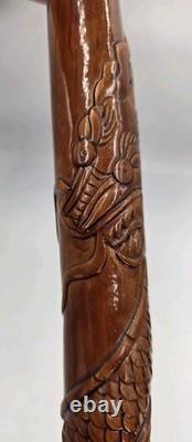 Vintage Hand Carved Wooden Dragon Head Handle Ball Ornate Asian Walking Stick