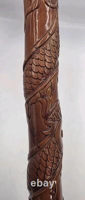 Vintage Hand Carved Wooden Dragon Head Handle Ball Ornate Asian Walking Stick
