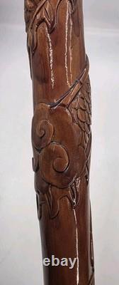 Vintage Hand Carved Wooden Dragon Head Handle Ball Ornate Asian Walking Stick