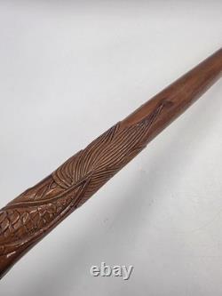 Vintage Hand Carved Wooden Dragon Head Handle Ball Ornate Asian Walking Stick