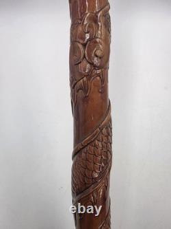 Vintage Hand Carved Wooden Dragon Head Handle Ball Ornate Asian Walking Stick