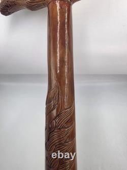 Vintage Hand Carved Wooden Dragon Head Handle Ball Ornate Asian Walking Stick