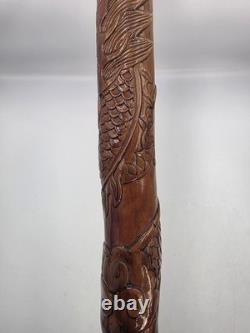 Vintage Hand Carved Wooden Dragon Head Handle Ball Ornate Asian Walking Stick