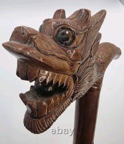 Vintage Hand Carved Wooden Dragon Head Handle Ball Ornate Asian Walking Stick