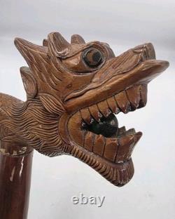 Vintage Hand Carved Wooden Dragon Head Handle Ball Ornate Asian Walking Stick