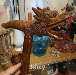 Vintage Hand Carved Wooden Dragon Head Handle Ball Ornate Asian Walking Stick