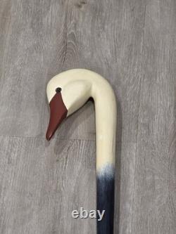 Vintage Hand Carved Wooden Swan Head Walking Stick Cane Folk Art Painted 36