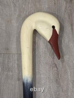 Vintage Hand Carved Wooden Swan Head Walking Stick Cane Folk Art Painted 36