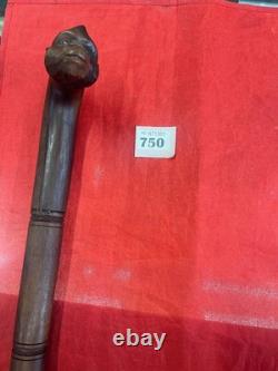 Vintage Hardwood Hand Crafted Brown Walking Stick with Carved Monkey Head Handle