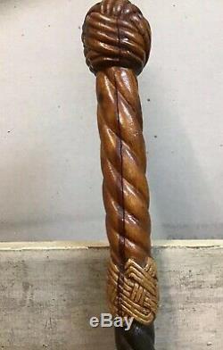 Vintage Hardwood Walking Stick, Barley Twist, Carved Rope Knot Top, Stained