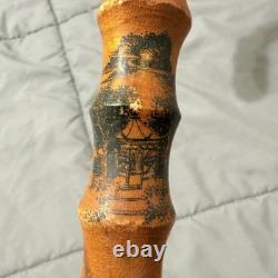 Vintage Japanese Bamboo Walking Stick Cane Curved Handle Hand Carved 30 Inch