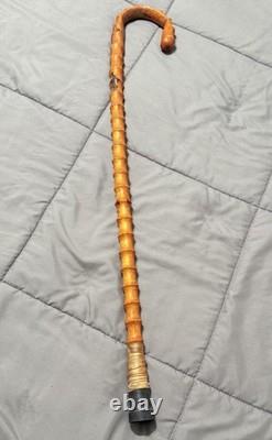 Vintage Japanese Bamboo Walking Stick Cane Curved Handle Hand Carved 30 Inch