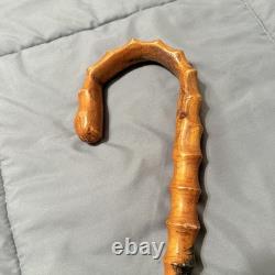 Vintage Japanese Bamboo Walking Stick Cane Curved Handle Hand Carved 30 Inch