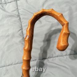 Vintage Japanese Bamboo Walking Stick Cane Curved Handle Hand Carved 30 Inch