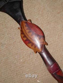 Vintage Kenyan Tribal Walking Stick With Painted Hand-Carved Hippo & Shield 92cm
