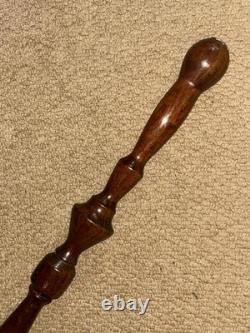 Vintage Large Walnut Walking Stick Carved Turned & Snake Shaft & Silver Emblem