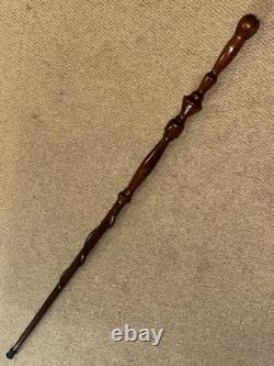 Vintage Large Walnut Walking Stick Carved Turned & Snake Shaft & Silver Emblem