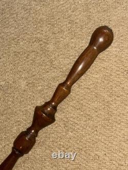 Vintage Large Walnut Walking Stick Carved Turned & Snake Shaft & Silver Emblem