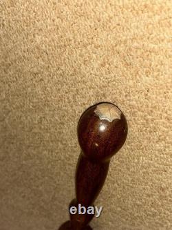 Vintage Large Walnut Walking Stick Carved Turned & Snake Shaft & Silver Emblem