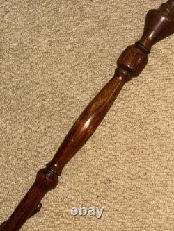 Vintage Large Walnut Walking Stick Carved Turned & Snake Shaft & Silver Emblem